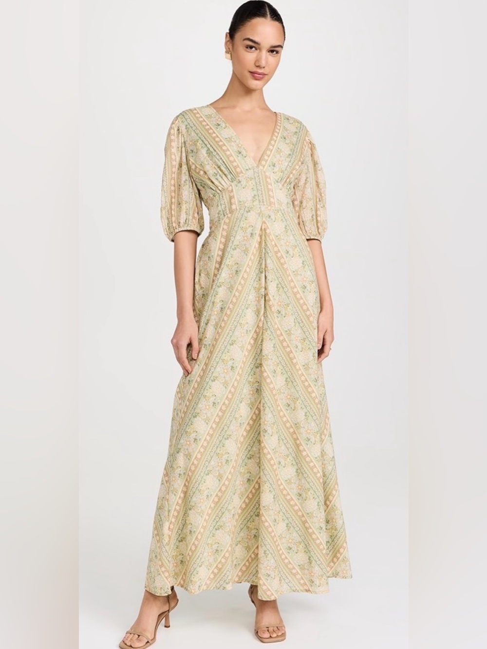 Mille Florencia Dress Pastel Green Floral Maxi Dress V-Neck and Puff Sleeves